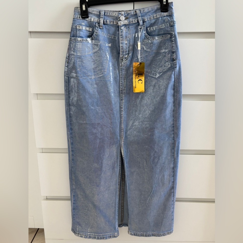 Metallic Silver Coated Denim Maxi Skirt with Front Slit - Size L
